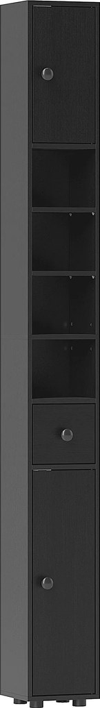 Kleankin Coluna Casa de Banho Estreita com 1 Gaveta 4 Prateleiras Abertas e Prateleiras Ajustáveis 20x20x180 cm Preto | Aosom Portugal