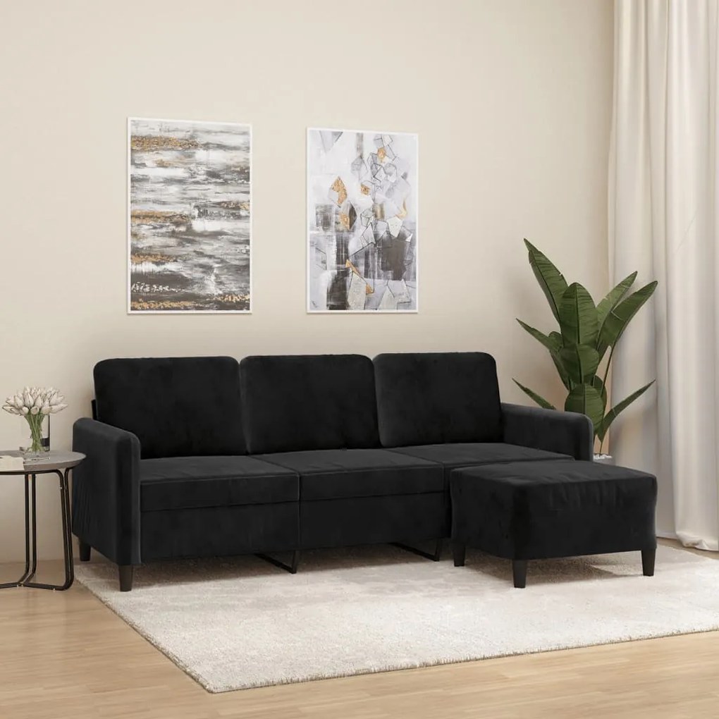 Sofá de 3 lugares com apoio de pés 180 cm veludo preto