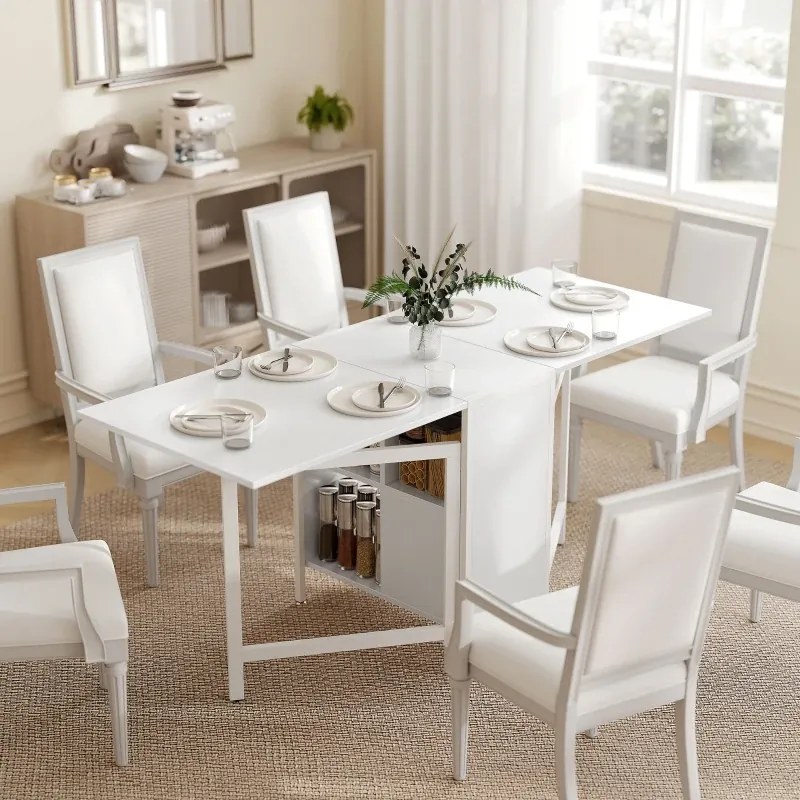 Mesa de Cozinha Dobrável com Arrumação (CADEIRAS NÃO INCLUIDAS) Mesa de Refeição Compacta com 4 Prateleiras 169x60x75 cm Branco