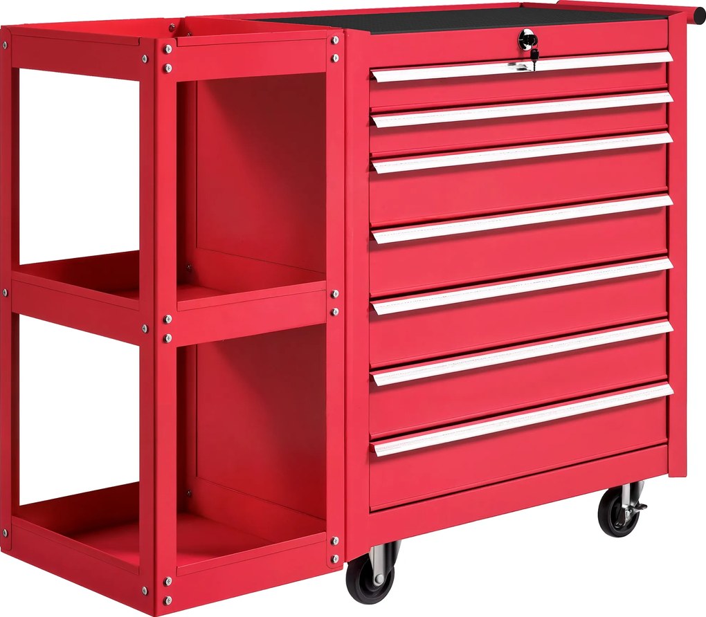 HOMCOM Carrinho de Ferramentas 7 Gavetas em Aço com Travão 3 Níveis Removível Fecho Central Asa Vermelho | Aosom Portugal