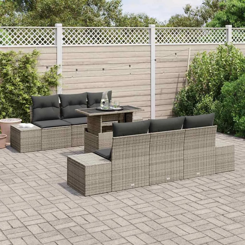 Conjunto de Sofá de Jardim de 7 Peças com Almofadas Cinzento Vime Poli
