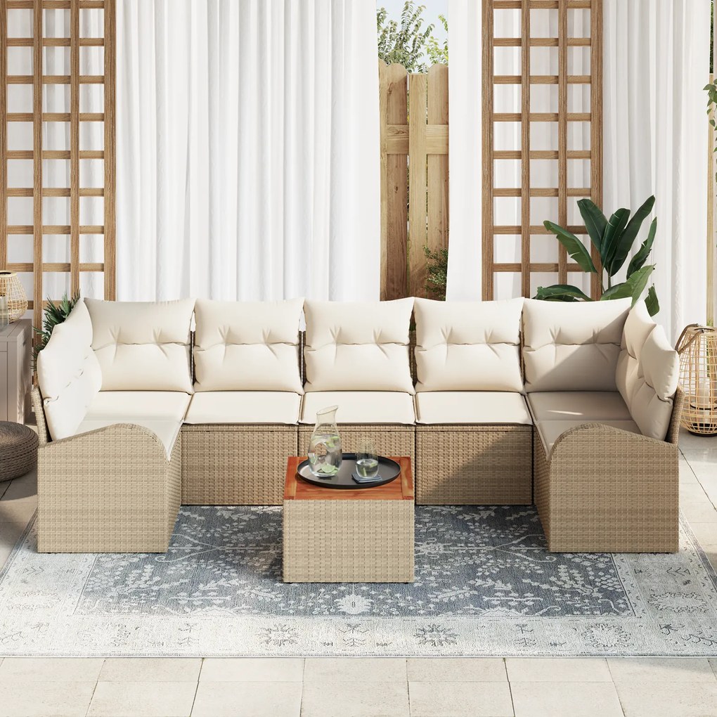 Conjunto de Sofá de Jardim de 8 Peças com Almofadas Bege Rattan Acácia