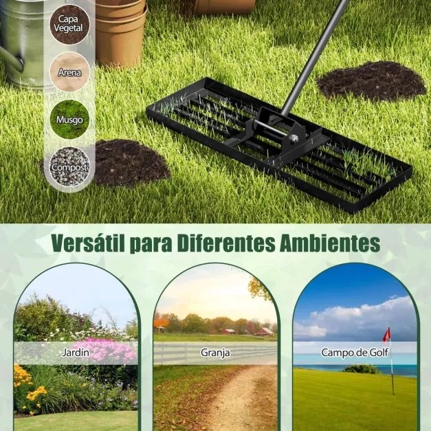 Ancinho nivelador de relva 75 x 25 cm com cabo ergonómico para solo de jardim, pátio, quinta - Preto