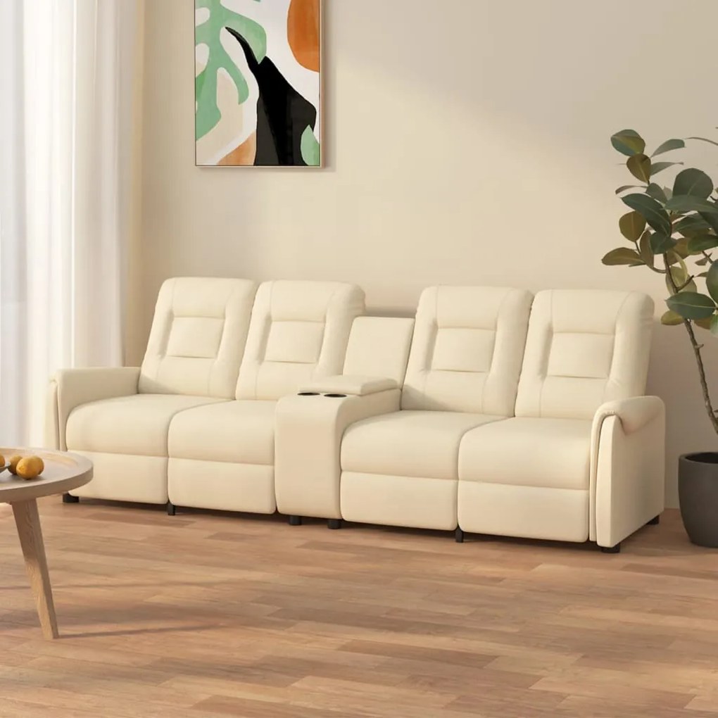 vidaXL Sofá reclinável 4 lugares c/ suporte copos couro artif. creme