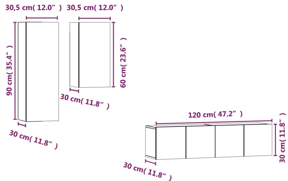 Conjunto móveis de TV 4 pcs madeira processada carvalho fumado