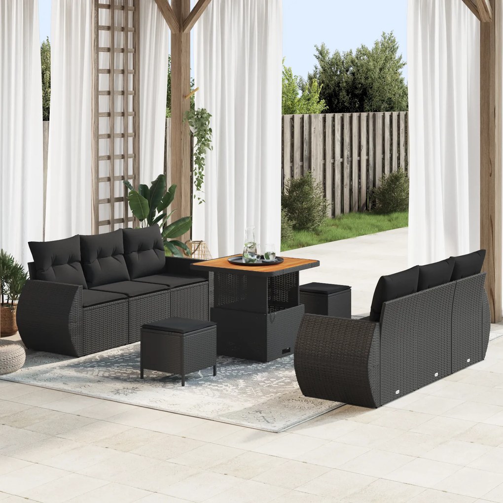 Conjunto de Sofá de Jardim vidaXL de 9 Peças com Almofadas Preto Rattan Poliéster Acácia