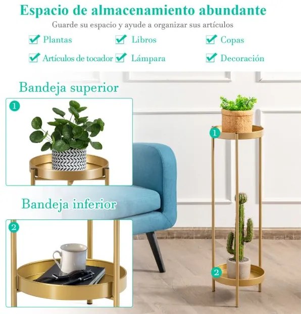 Suporte de metal para plantas com 2 níveis moderno com 2 tabuleiros dobráveis para interior e exterior 25 x 80 cm Dourado