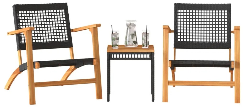 3 pcs conjunto de bistrô vime PE/madeira de acácia maciça preto