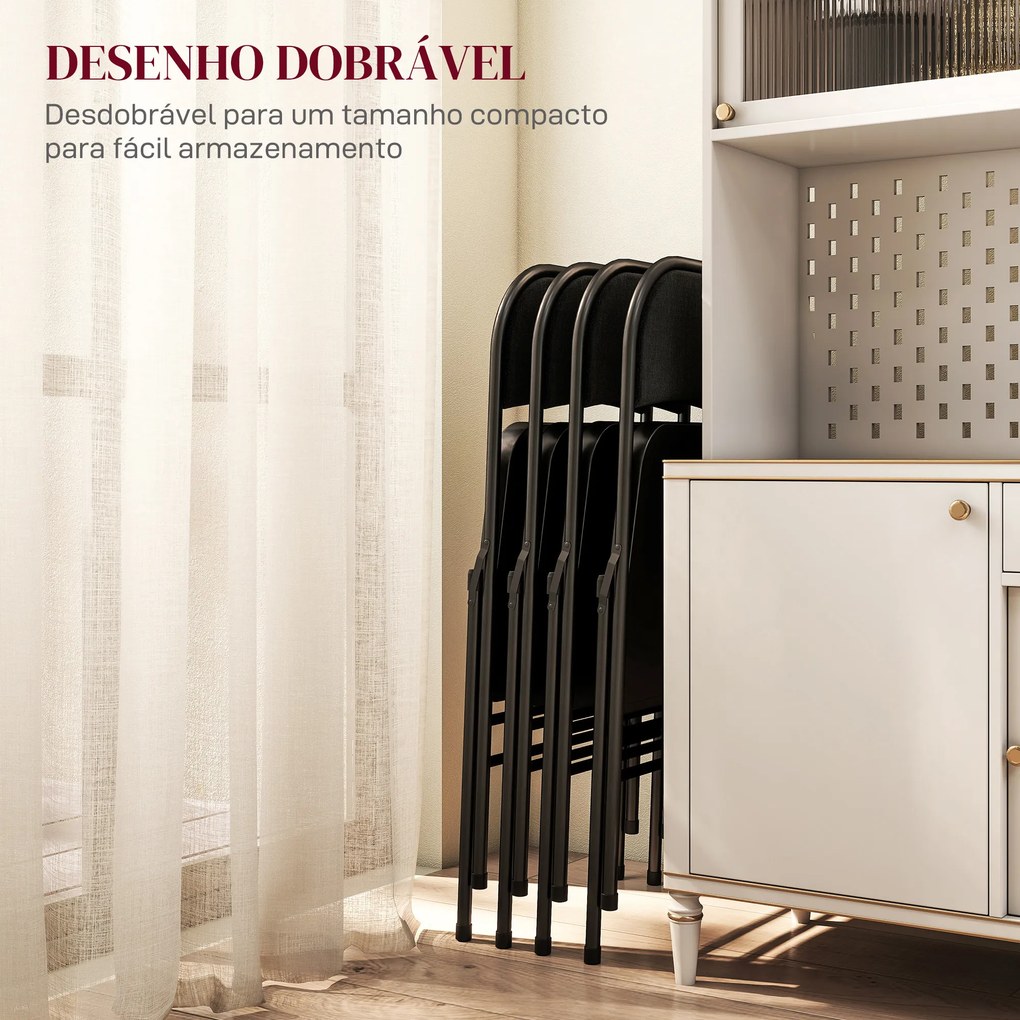 Conjunto de 4 Cadeiras Dobráveis (MESA NÃO INCLUIDA) com Encosto e Estrutura de Aço para Sala de Estar escritório Estúdio 45x46x78 cm Preto