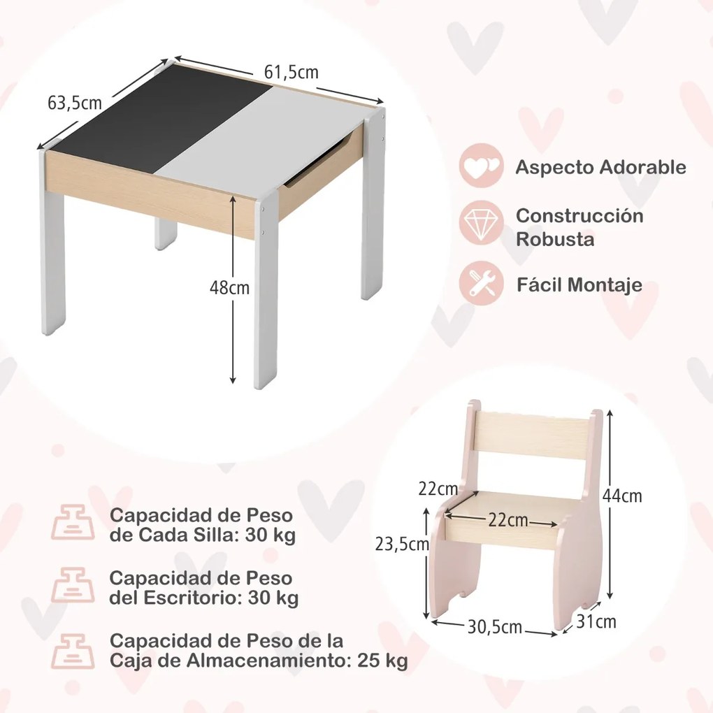 Conjunto de mesa e 2 cadeiras para crianças Mesa de atividades de madeira 4 em 1 para arte, desenho, leitura e quadro removível Rosa