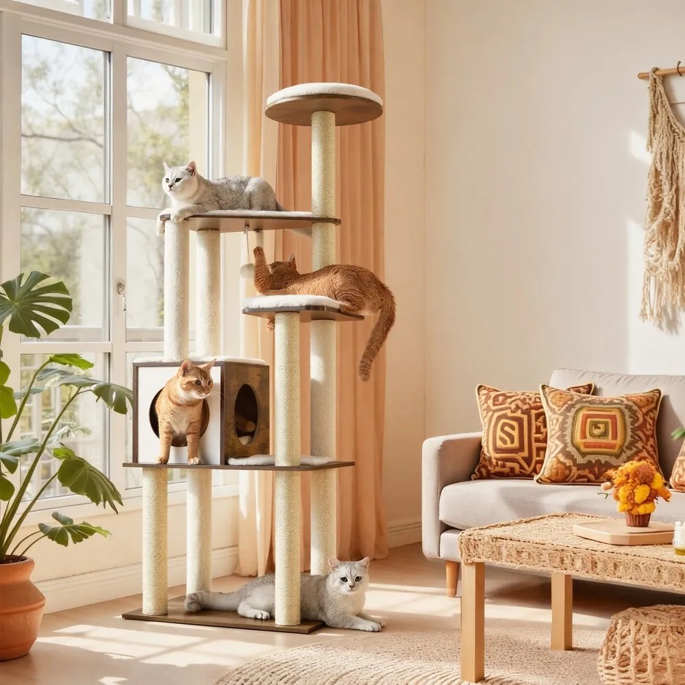 Arranhador gatos com 5 colunas para arranhar 58 x 40 x 165 cm castanho