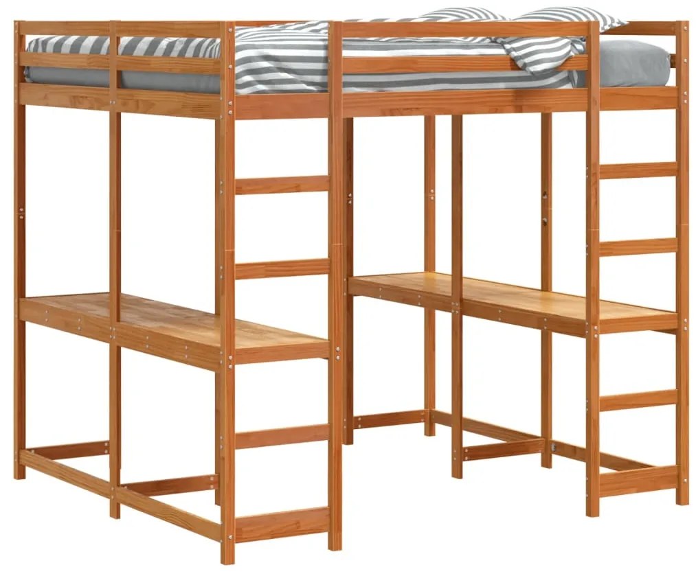 Cama alta com secretária e escada pinho maciço castanho-mel