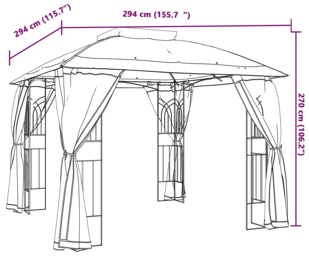 Gazebo c/ teto duplo/paredes de malha 2,94x2,94 m aço antracite