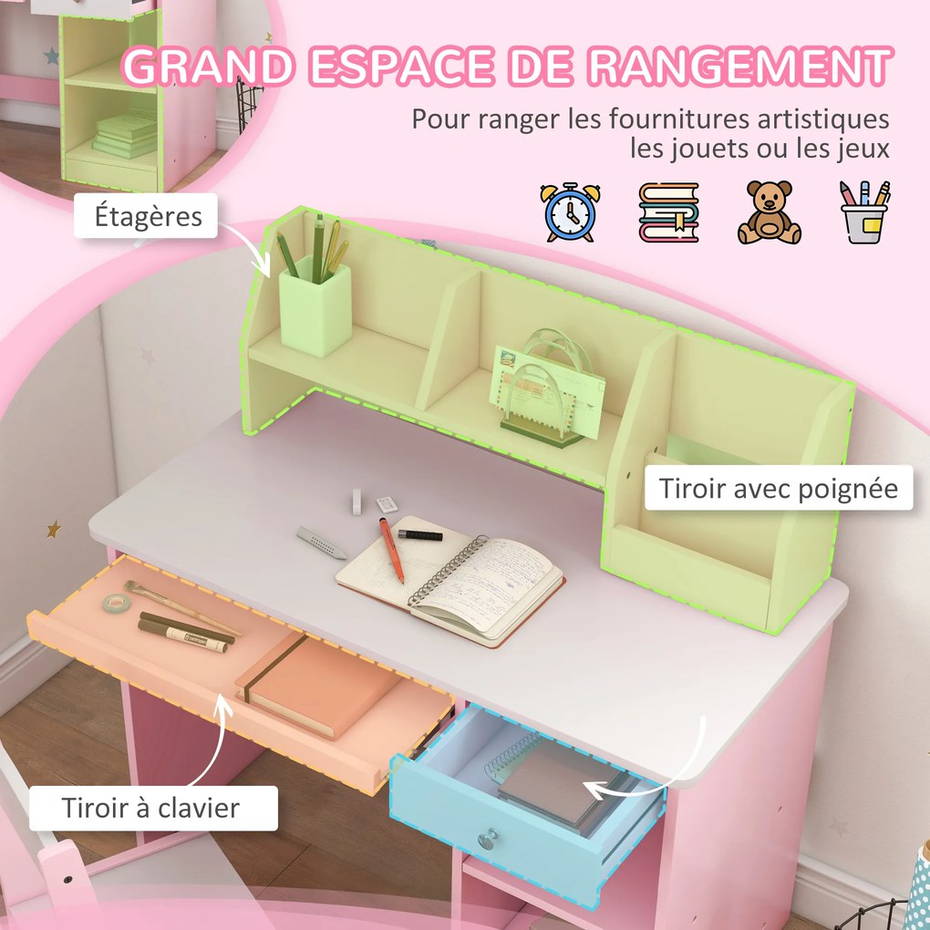 Secretária infantil com cadeira ergonómica, tabuleiro deslizante para teclado, gavetas, compartimentos abertos e prateleiras abertas, 90 x 45 x 90 cm,