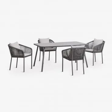 Conjunto De Mesa Retangular 160x90 Cm E 4 Cadeiras De Jantar Em Corda Trançada Arhiza Classic Cinza Grafito - Sklum
