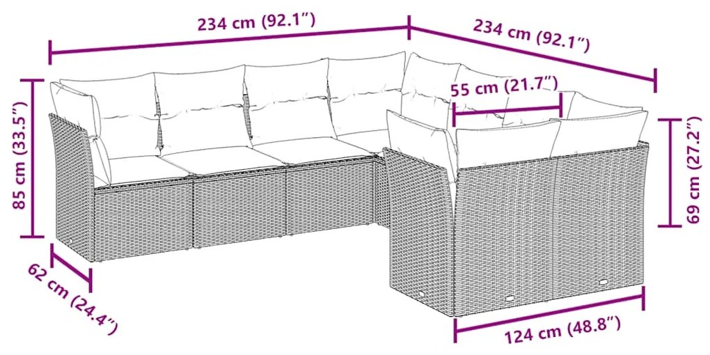 8 pcs conjunto sofás de jardim c/ almofadões vime PE castanho