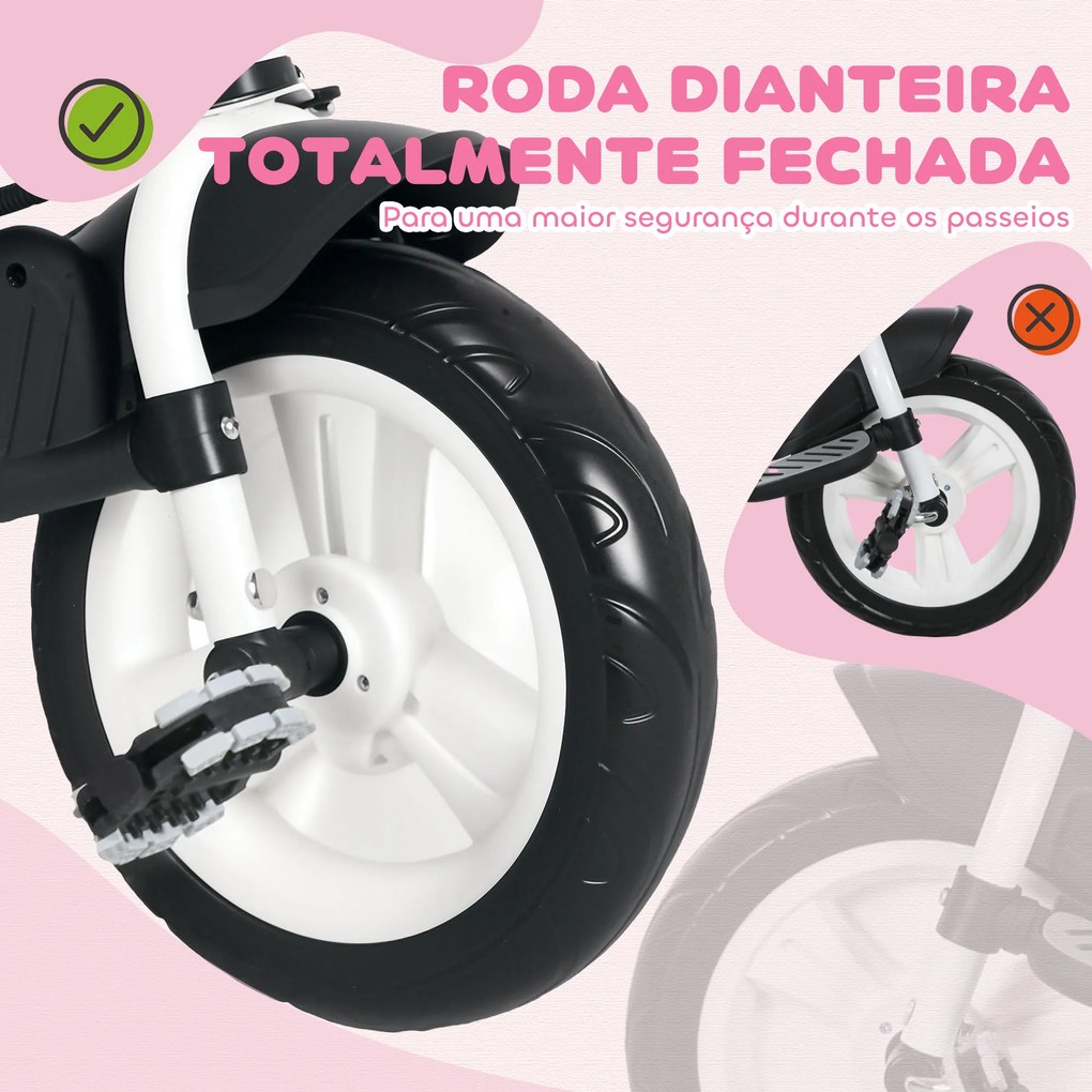 Triciclo para Bebés Evolutivo com Capota Dobrável Guiador Telescópico e Removível Bolsa e Porta-Garrafas 102x49x102 cm Rosa