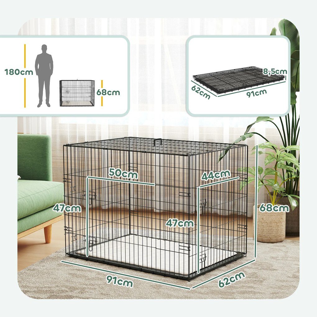 Gaiola de transporte dobrável para cães com pega, tabuleiro removível e almofada incluída – 90 x 57,5 x 62 cm – preta