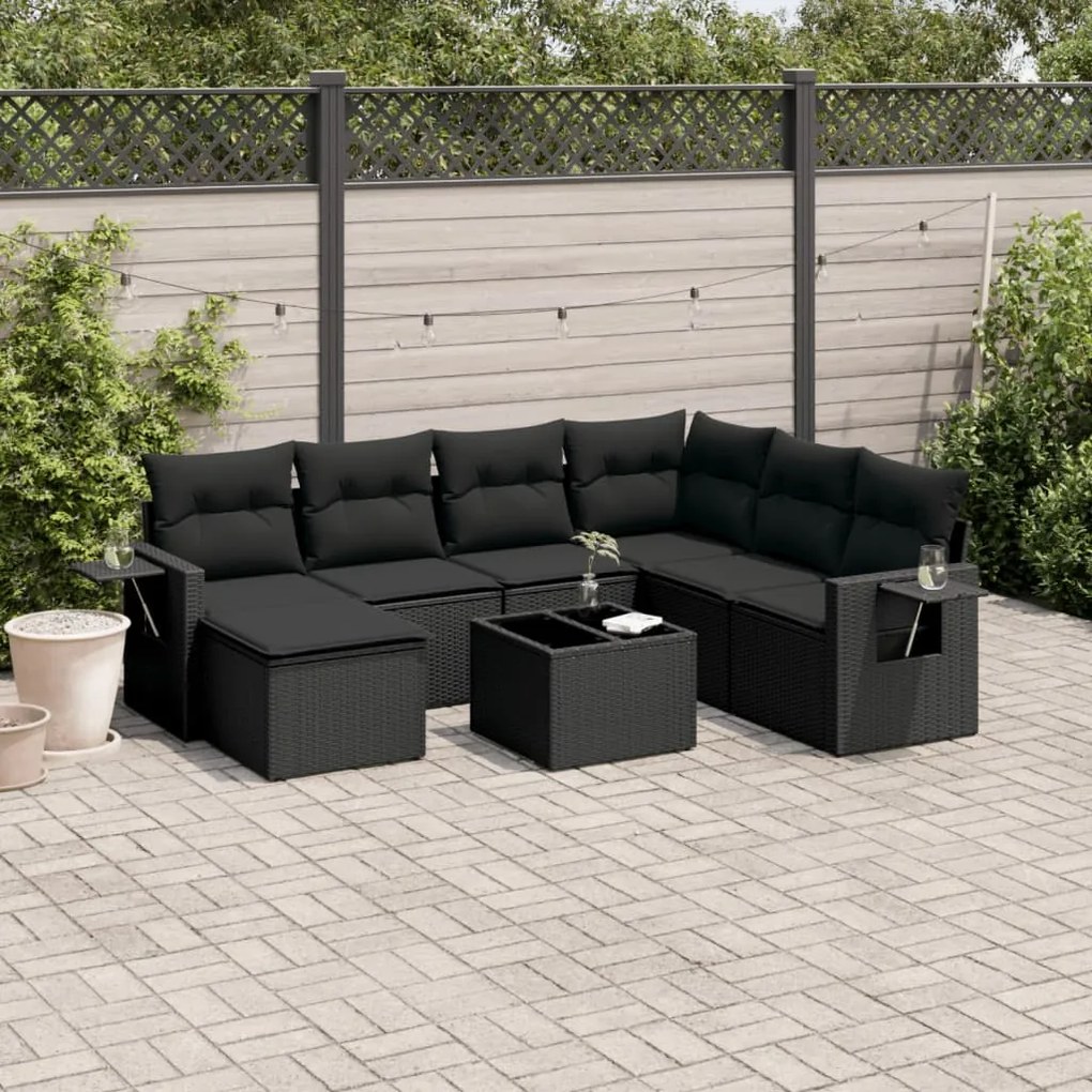 8 pcs conjunto sofás de jardim com almofadões vime PE preto