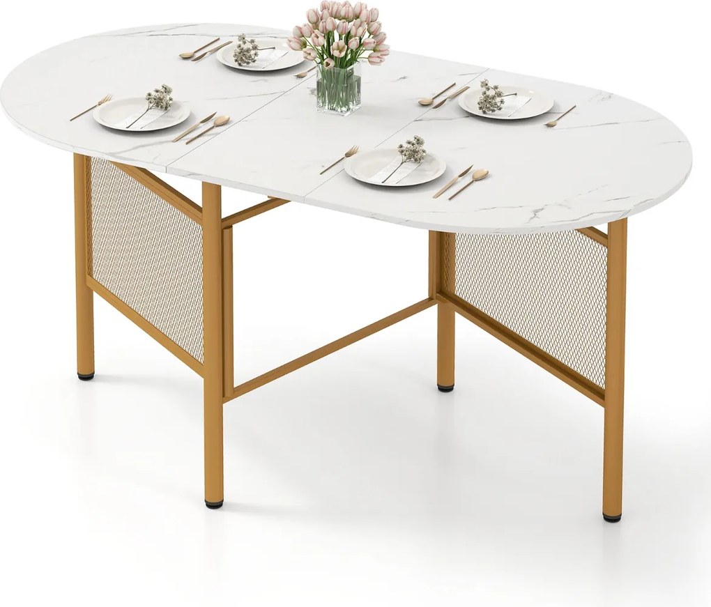 Mesa de jantar dobrável oval com abas rebatíveis para 6-8 pessoas, 150 x 80 x 76 cm, com pés metálicos, estilo moderno, em imitação mármore branco e d