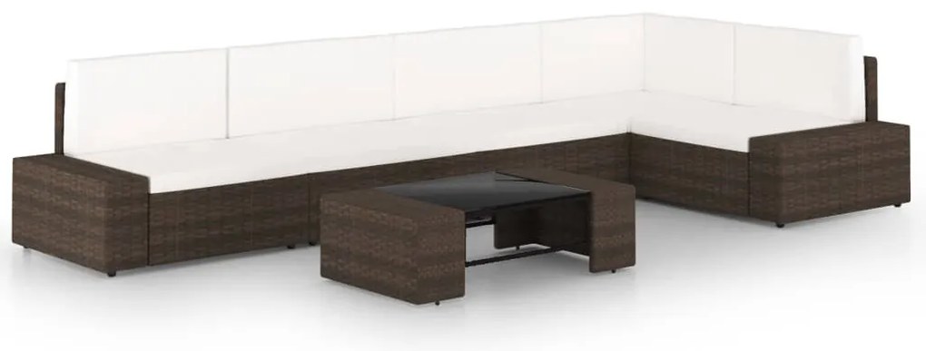 6 pcs conjunto lounge p/ jardim c/ almofadões vime PE castanho