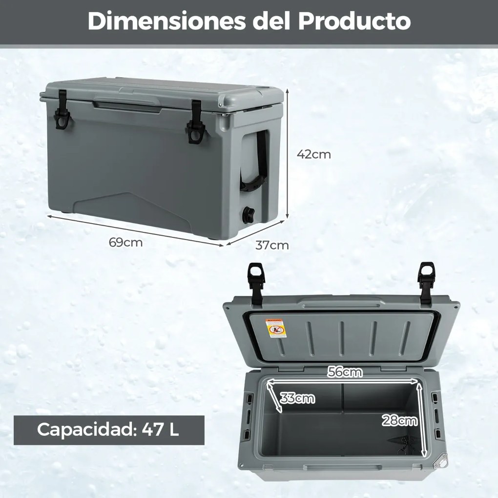 Geleira térmica portátil rotomoldada de 47 L com suportes para copos integrados Régua de abertura de garrafas 5-7 dias de retenção de gelo Cinzento
