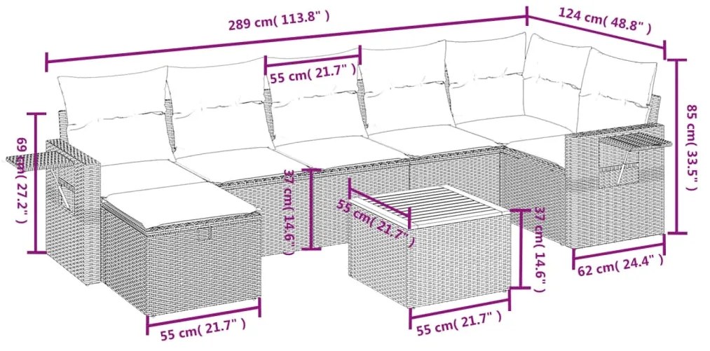 8 pcs conjunto de sofás p/ jardim com almofadões vime PE bege