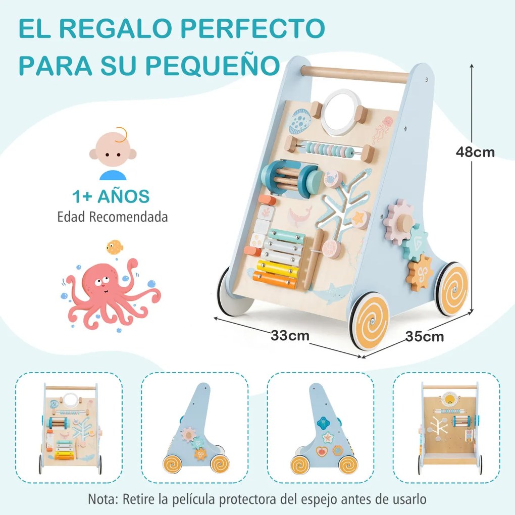 Andarilho de madeira para bebés Centro de atividades de aprendizagem para empurrar e puxar azul