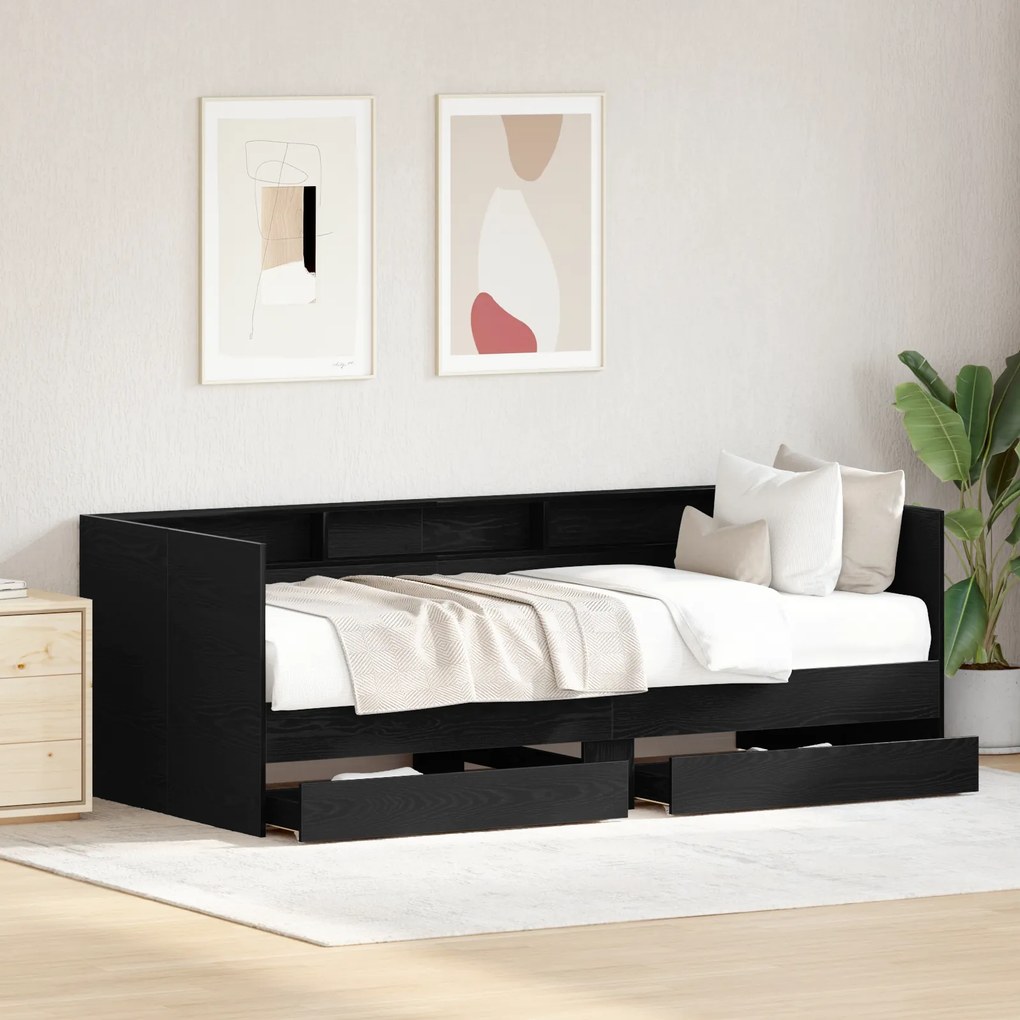 Cama de Dia Preta com Gavetas Carvalho Preto Madeira engenheirada