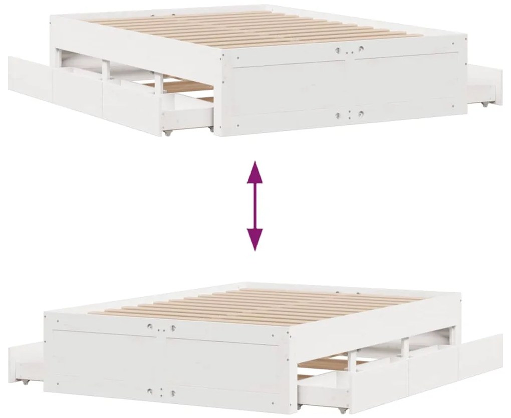 Cama sem colchão com gavetas 150x200 cm pinho maciço branco