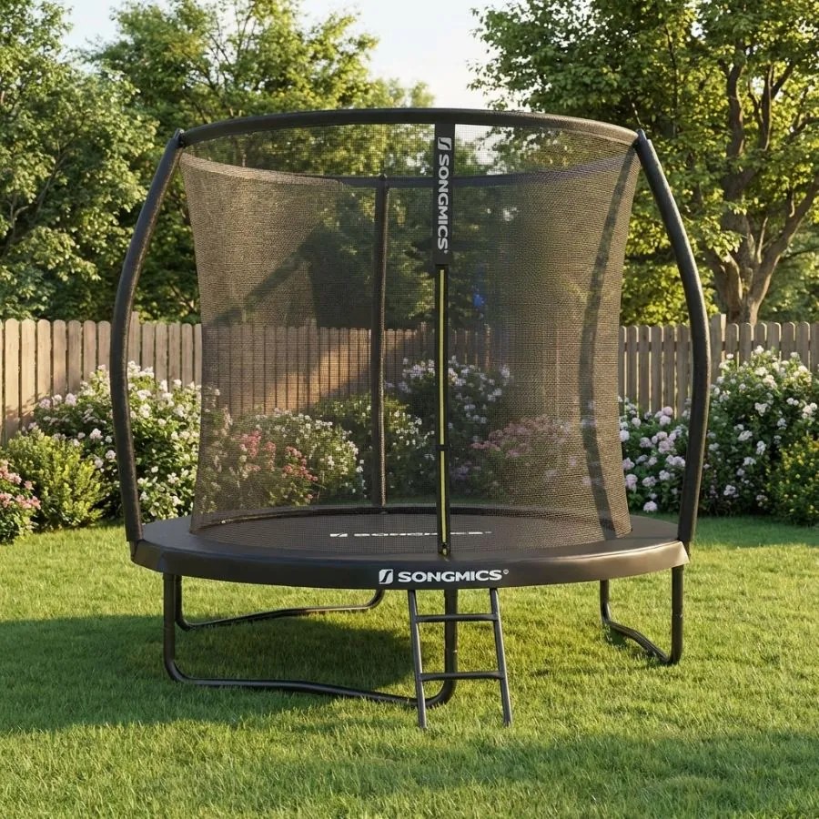 Trampolim de 244 cm de diâmetro com rede de segurança e varas curvas, preto