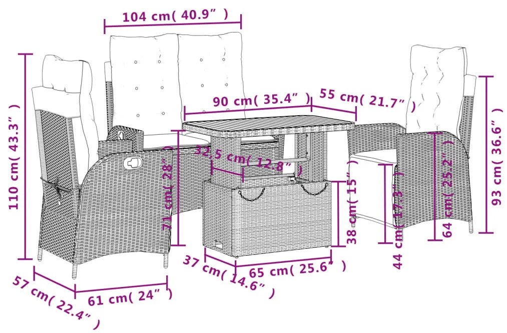 4 pcs conjunto de jantar p/ jardim c/ almofadões vime PE bege