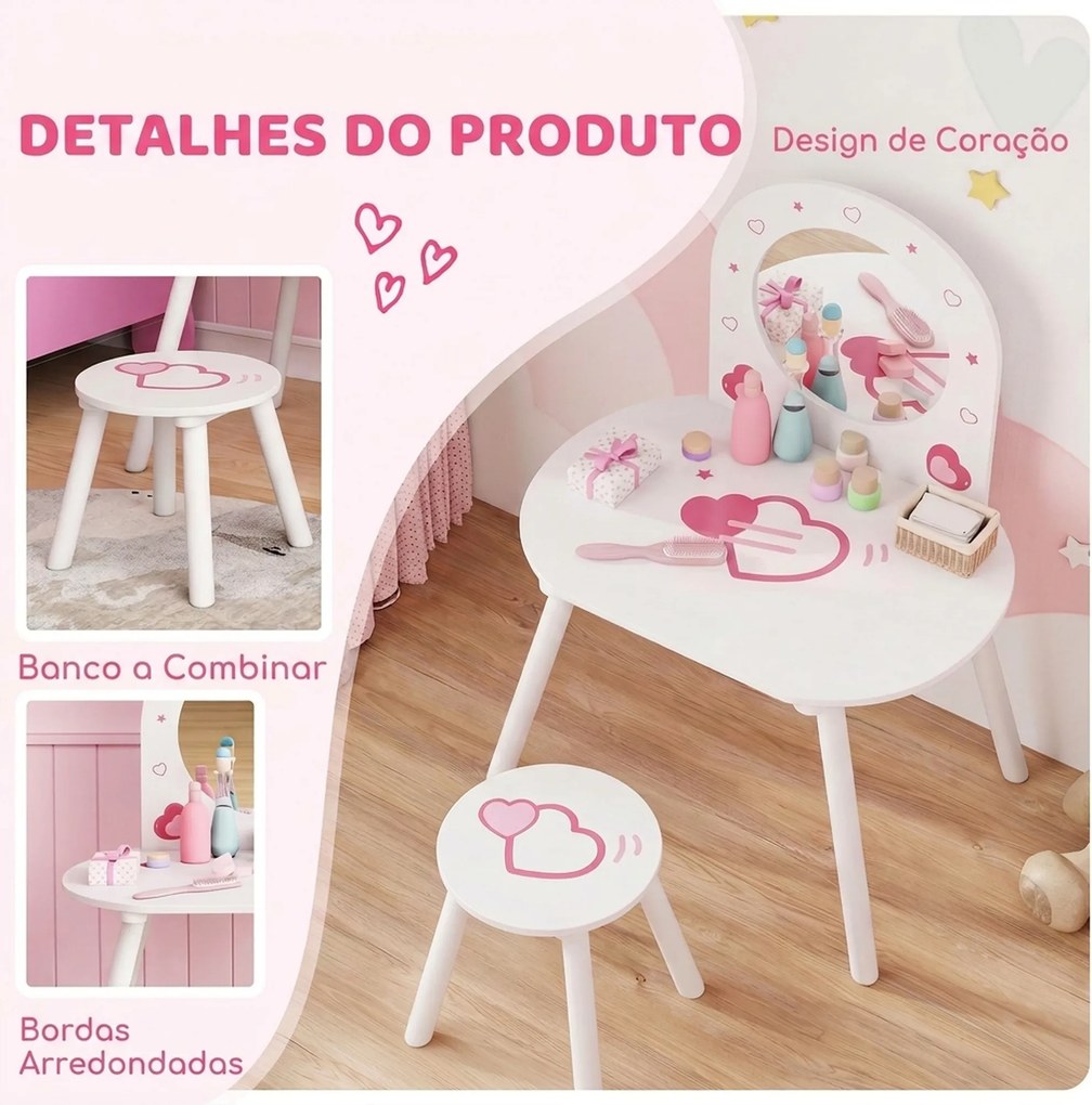 Toucador Infantil com Banco e Espelho para Meninas com Desenhos de Corações para Crianças de 3-6 Anos Branca