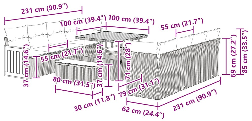 Conjunto de Sofá de Jardim vidaXL com 11 Peças e Almofadas Preto Vime