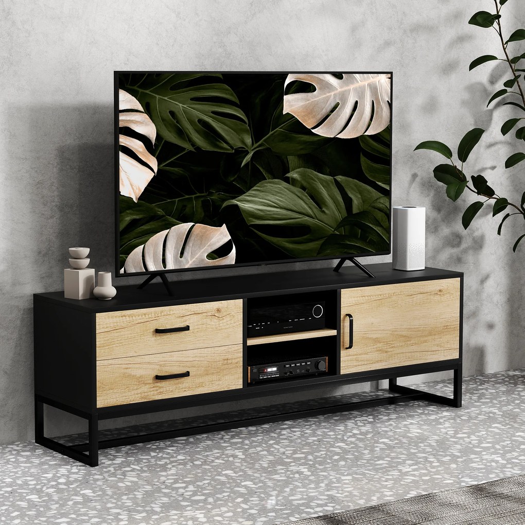 Móvel para televisores até 60 polegadas 140 x 35 x 45 cm, com prateleiras abertas e 2 gavetas, natural e preto