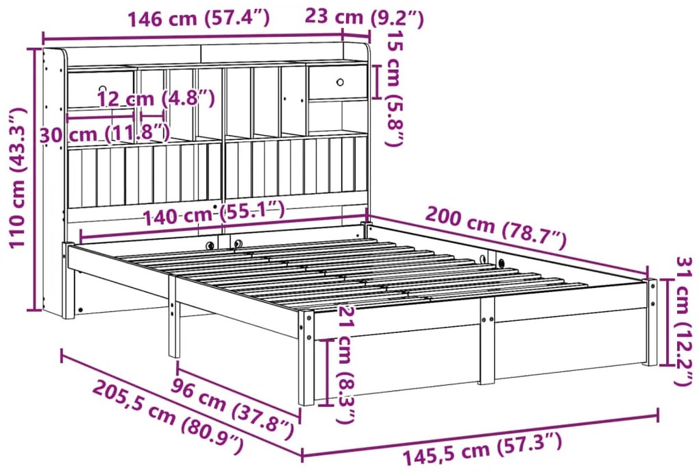 Cama com estante sem colchão 140x200 cm pinho maciço branco