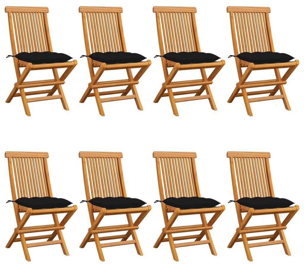 vidaXL Cadeiras de jardim c/ almofadões pretos 8 pcs teca maciça