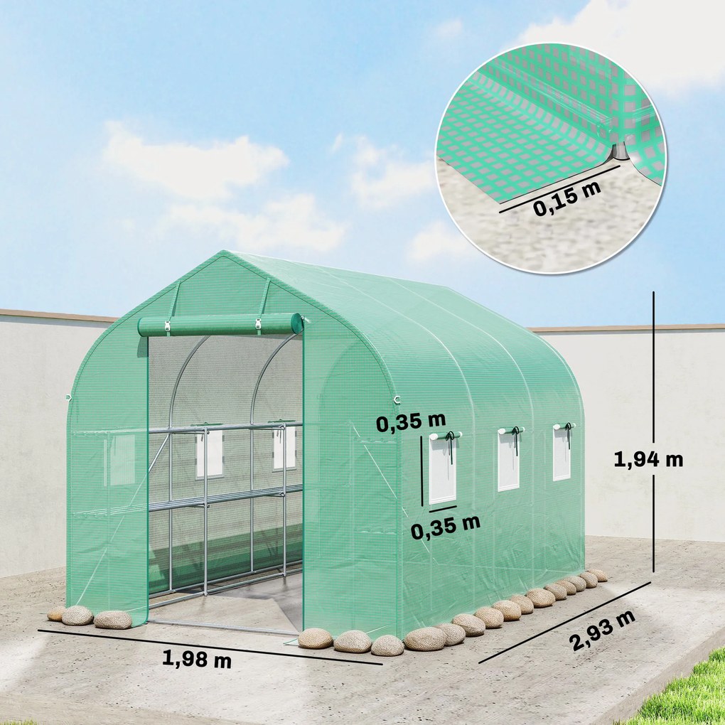 Estufa tipo túnel de 6 m², 198 L x 293 P x 194 A cm com prateleiras, porta e 6 janelas, estrutura em aço galvanizado, verde