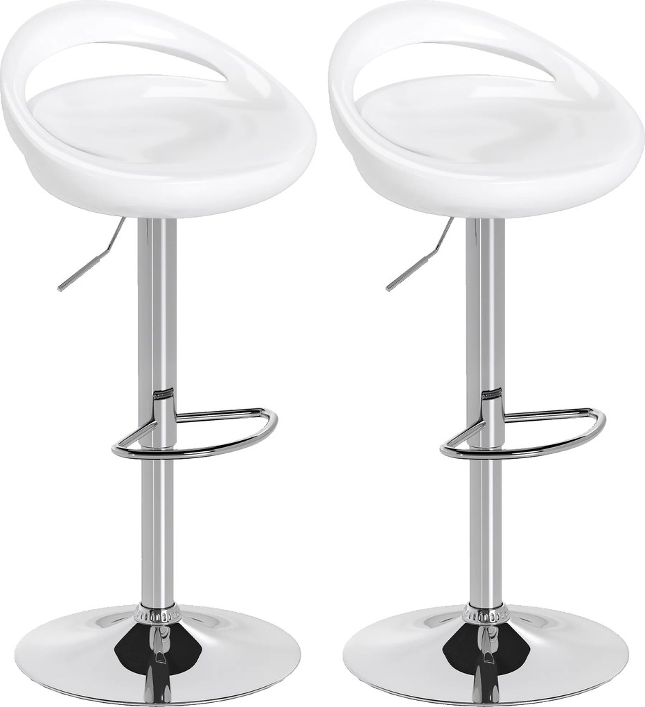 Conjunto de 2 bancos de bar com altura ajustável, encosto e apoio para os pés, giratórios a 360°, 46x41x76-96 cm, branco