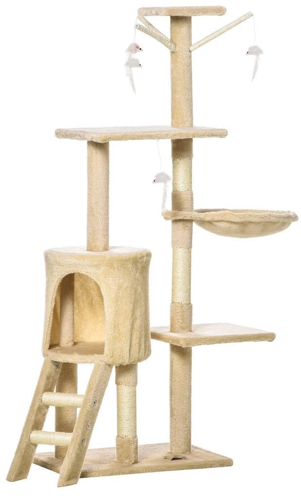 PawHut Arranhador para Gatos de 134,2 cm com Caverna Plataformas Rato de Brinquedo Rede e Postes de Sisal 50x35x134,2 cm Bege