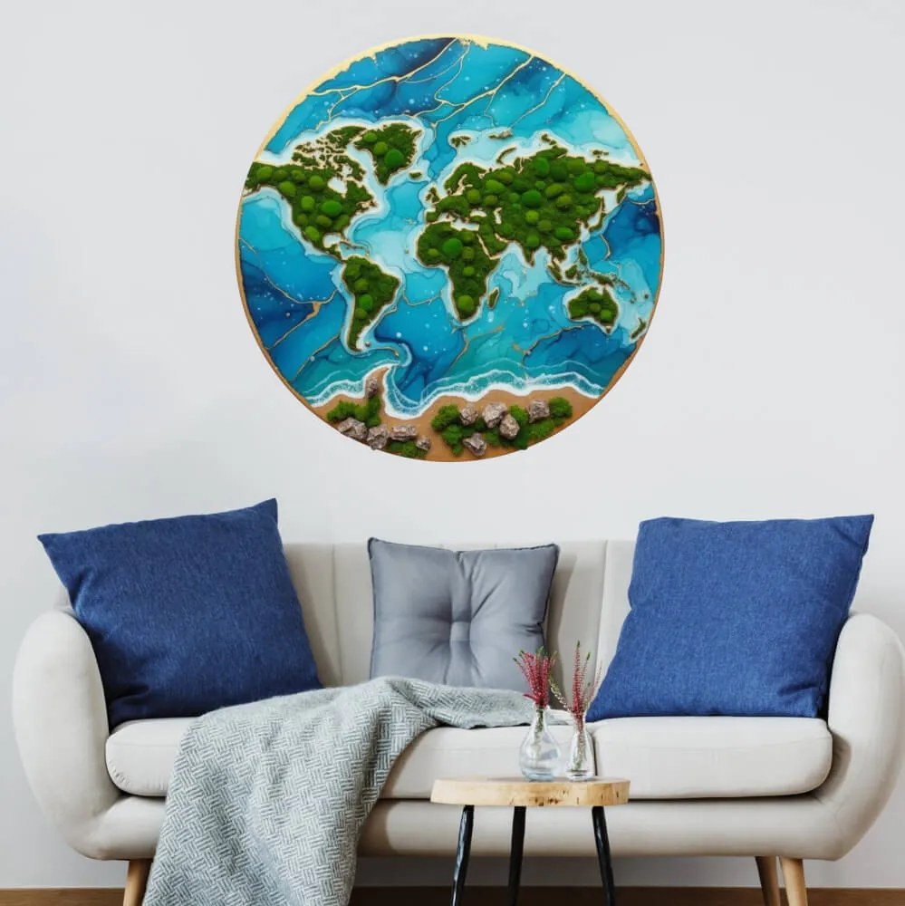 Autocolante XXL Mapa do Mundo – Oceano epóxi e continentes de musgo