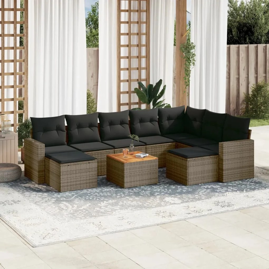 10 pcs conjunto sofás de jardim c/ almofadões vime PE cinzento