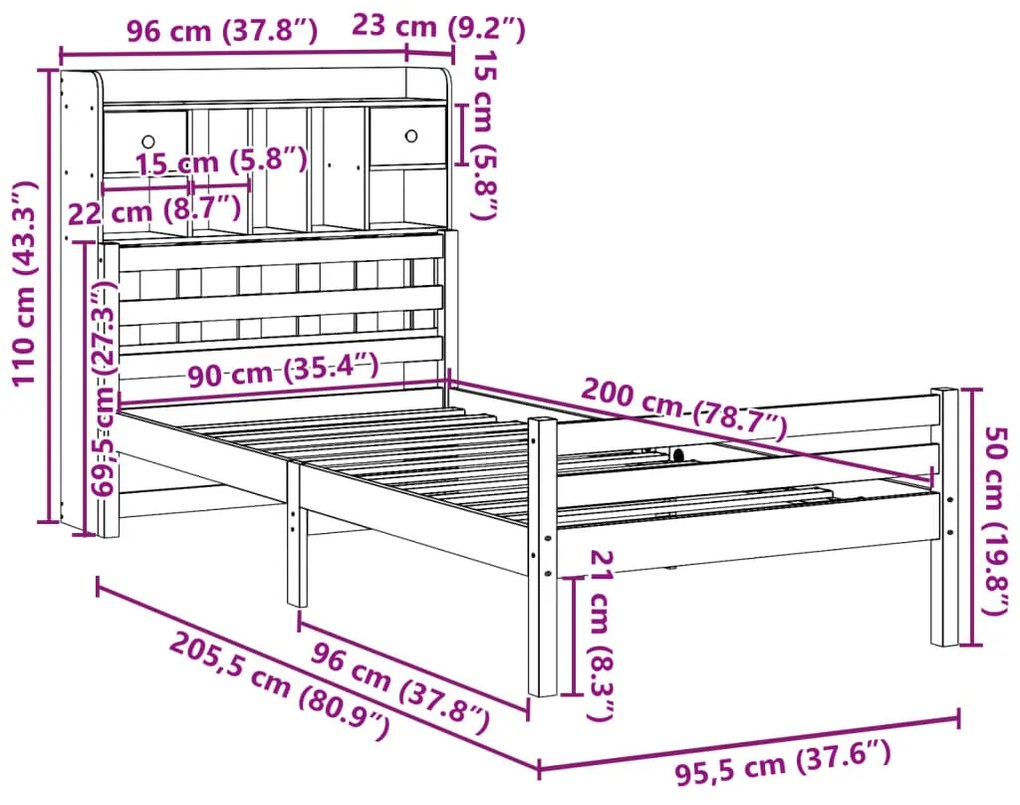 Cama com estante sem colchão 90x200 cm pinho maciço branco