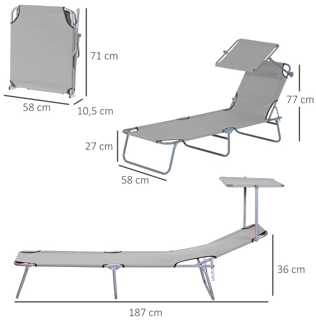 Espreguiçadeira de Jardim Dobrável com Toldo Removível e Ajustável e Encosto Ajustável em 4 Posições  187x58x36 cm Cinza Claro