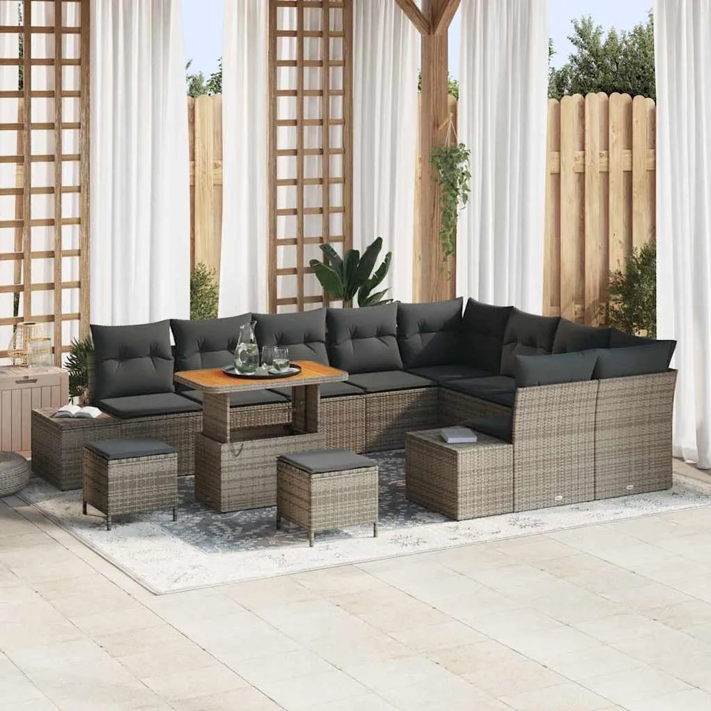 vidaXL Conjunto de sofá de jardim de 12 peças com almofadas cinzas em rattan poly e acácia.