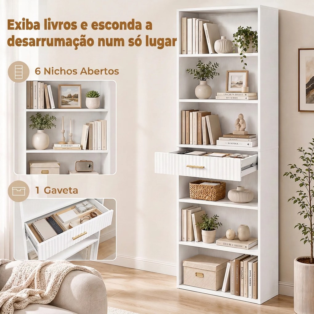 Estante para Livros Alta e Estreita, Estante de 7 Níveis com Gaveta, 6 Compartimentos Abertos, 60x24x182 cm, Branco
