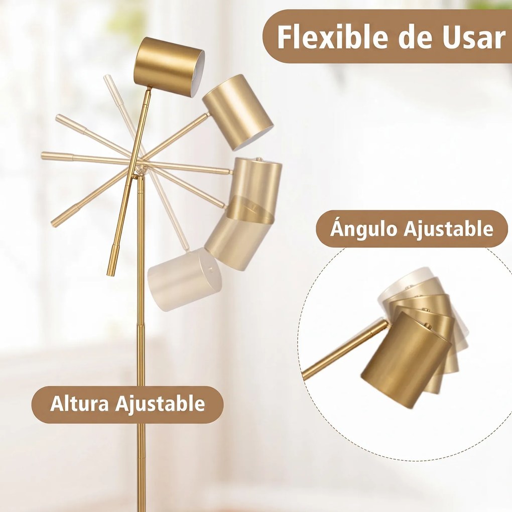 Candeeiro de Pé, Altura 175 cm e Ângulo Ajustáveis, Dourado