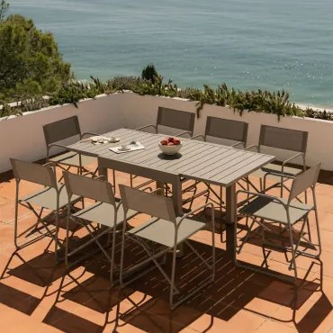 Conjunto De Mesa Extensível 90-180x90 Cm Em Alumínio Starmi E 8 Cadeiras De Diretor Dobráveis De Jardim Em Aço Melida Moka Brown - Sklum