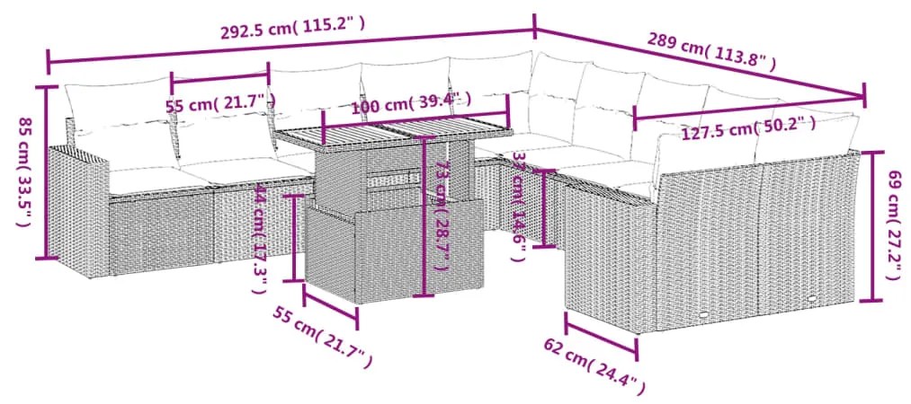11 pcs conjunto sofás de jardim c/ almofadões vime PE cinzento