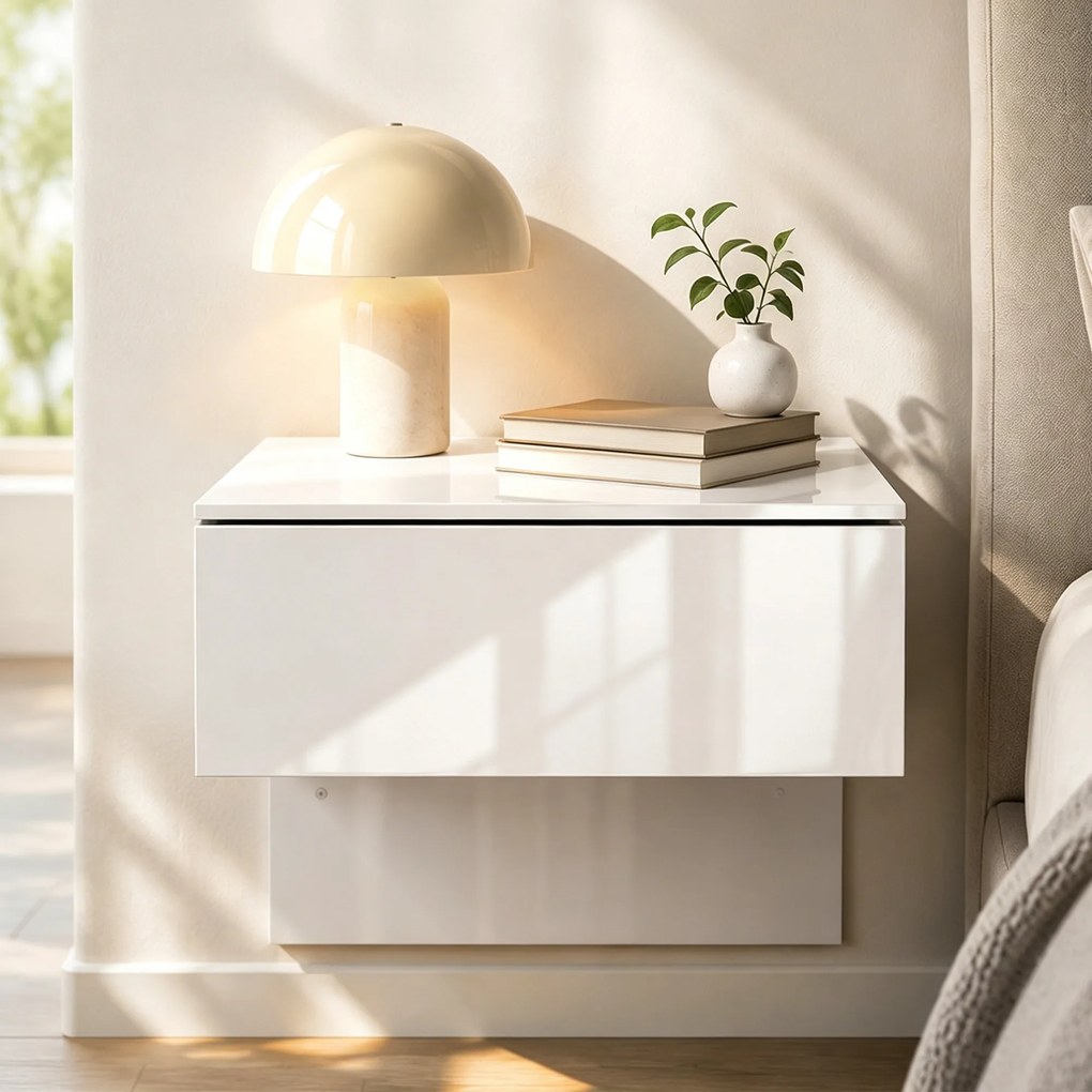 Conjunto de 2 Mesas de Cabeceira Suspensas com Gaveta para Fixar na Parede para Quarto 40x35x36,2 cm Branco Brilhante